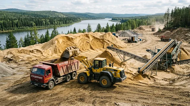 Карьер строительного аллювиального песка Ангарский в Иркутской области